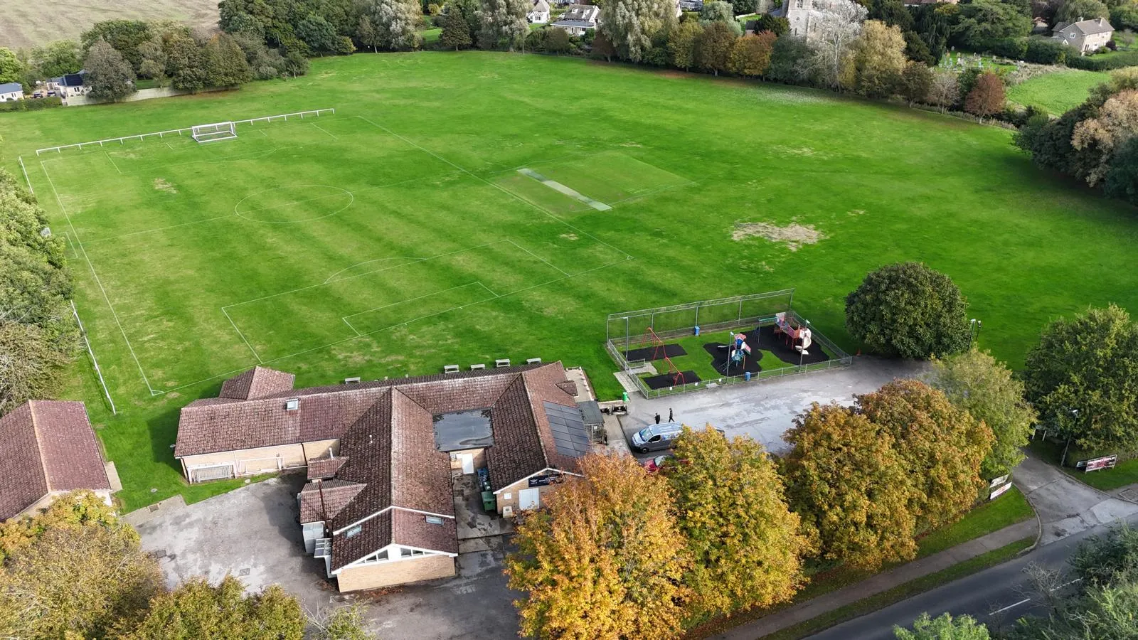 Aerial view of the clubhouse and playing field