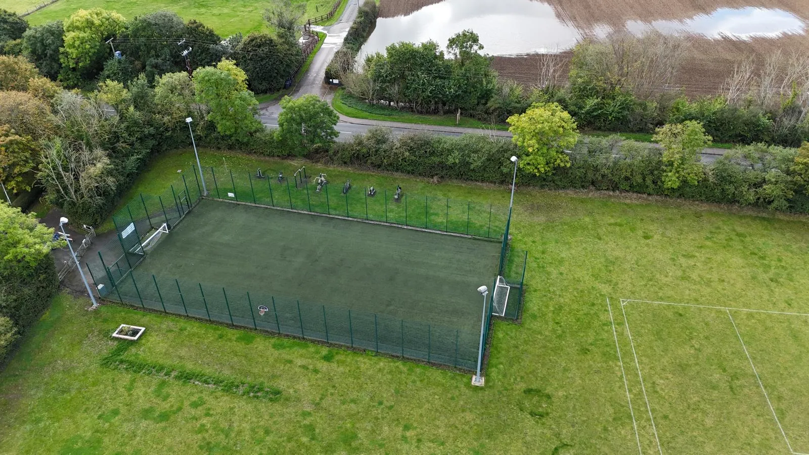 Aerial view of the floodlit MUGA (3G pitch)