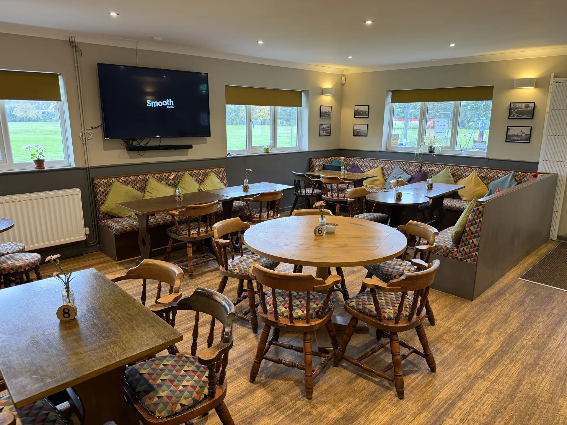 The lounge, with windows over the cricket field